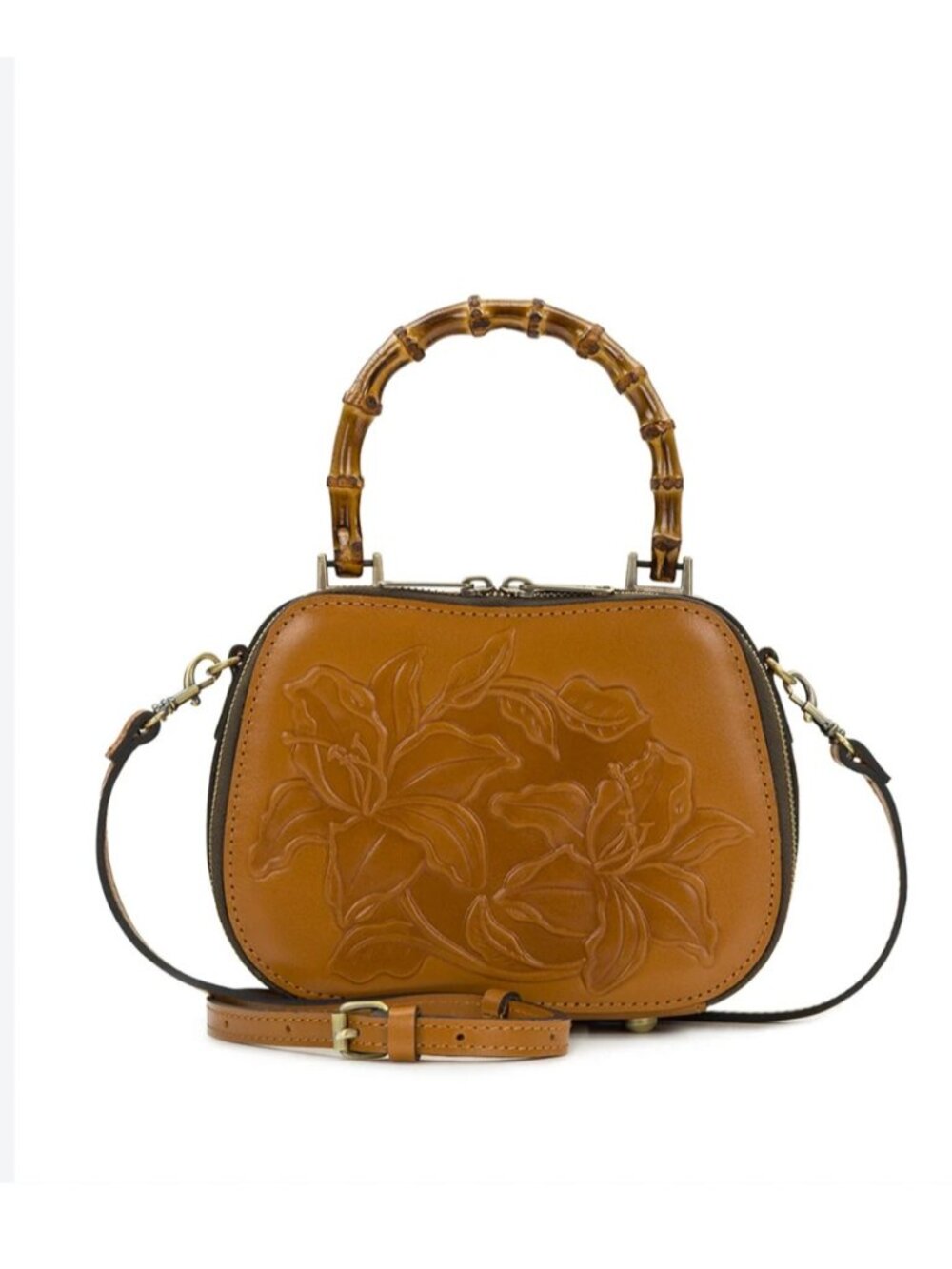 Patricia Nash Lara Tooled Leather Bamboo Top-Handle Small Crossbody Tan